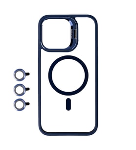 iPhone 15 Pro Max Kılıf Magsafe Wireless Şarj Özellikli Standlı Magsafe Klon Lensli Kılıf (Lacivert)