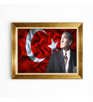 Tablore Türk Bayraklı Mustafa Kemal Atatürk Altın Çerçeveli Kanvas Tablo