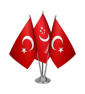 Masa Üstü Saadet Partisi Bayrağı Türk Bayrağı Üçlü Krom Direk Masa Bayrak Seti
