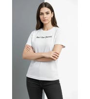 Wafıl Kumaş Tişört Regular Kalıp Bisiklet Yaka Baskılı Günlük Basic T-Shirt - Beyaz