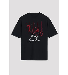 Yılbaşı Happy New Year Baskılı Kısa Kollu Oversize Bisiklet Yaka T-shirt - Siyah