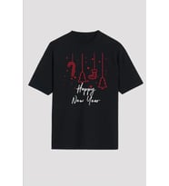 Yılbaşı Happy New Year Baskılı Kısa Kollu Oversize Bisiklet Yaka T-shirt - Siyah