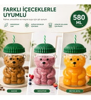 Lexroo Ayıcıklı Cam Bardak 580 ml - Pipetli Kapaklı Borosilikat İçecek Bardağı - YEŞİL