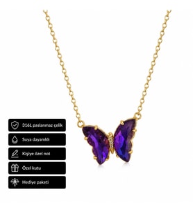 Mor Butterfly Taşlı 316L Paslanmaz Çelik Kolye Hediye