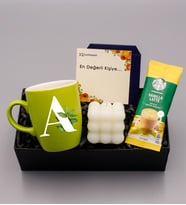 Kişiye Özel Yeşil Bulut Kupa & Bubble Mum & Vanilla Latte Hediye Seti