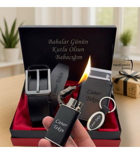 Babaya Sevgiliye Eşe Premium Tasarım Erkek Hediye Seti - Kemer Mekanizmalı Kartlık Cüzdan Ejderha Alevli Çakmak Anahtarlık - Hemen Kargo