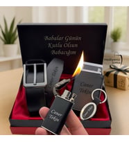 Babaya Sevgiliye Eşe Premium Tasarım Erkek Hediye Seti - Kemer Mekanizmalı Kartlık Cüzdan Ejderha Alevli Çakmak Anahtarlık - Hemen Kargo
