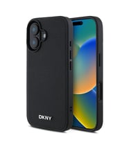 Apple iPhone 16 Plus Uyumlu Kılıf DKNY Orjinal Lisanslı M-safe Şarj Özellikli Metal Logolu PU Deri Grained Kapak (Siyah)