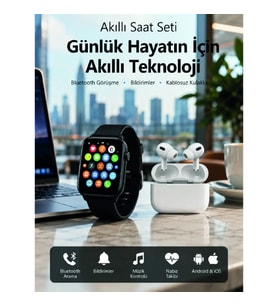 Mey İthalat® Bluetooth Arama Özellikli Akıllı Saat Seti Kablosuz Kulaklık Hediyeli, Android & iOS Uy