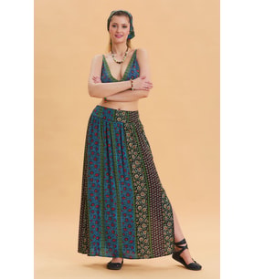 Çiçek Desenli Arka Bel Lastikli Derin Yırtmaçlı Etek