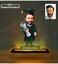 Kişiye Özel Erkek Mezun Lise Karikatürlü 14 cm MDF Işıklı Biblo - Mezuniyet Hediyesi Yeni Mezuna Hediye