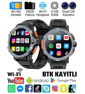 Watch PG Siyah 4G LTE Yuvarlak Akıllı Saat 16GB SIM Kartlı Kameralı WiFi Çocuk Huawei iPhone Uyumlu 8 9 10