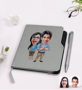 BK Gift Kişiye Özel Sevgililer Karikatürlü Gri Termo Deri Defter Kalem Seti-101