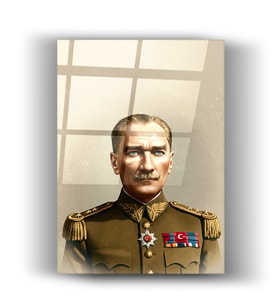 Atatürk Yağlıboya Tarzında Cam Tablo - 4mm - Dayanıklı Temperli - Hediyelik - Büyük Tablo - Duvar Dekorasyon - Ofis Tablosu - Duvar Tablosu (Haki)