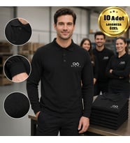Logonuza Özel 10 Adet Siyah Polo Yaka Uzun Kol Tişört - Pamuk Unisex Kurumsal Tişört