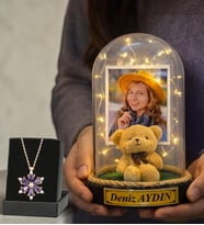 Fotoğraflı & Yazılı Led Işıklı Fanus ve Gerçek Ametist Taşlı Lotus Kolye Sevgiliye Anlamlı Hediye (Model 4)