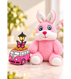 Pembe Peluş Tavşan ve Pembe Vosvos Minibüs Tasarımlı Masa Lambası Hediye Seti