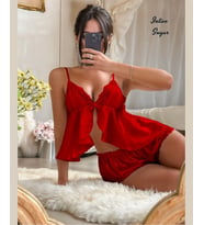 Intive Sugar Koyu Kırmızı Derin V Büstiyerli Şortlu Saten Takım/Pijama Takımı