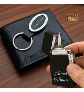 Kişiye Özel Hakiki Deri Cüzdan Metal Çakmak Anahtarlık  - Babaya Sevgiliye Arkadaşa Eşe Hediye Seti
