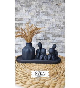 6 lı SİYAH set Fitilli Vazo+Aile biblo set+Oval Sunumluk