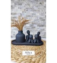 6 lı SİYAH set Fitilli Vazo+Aile biblo set+Oval Sunumluk