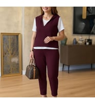 Kadın Kısa Kollu V Yakalı Kapşonlu Viskon Iki Iplik Bluz Ve Pantolon Takım (Bordo)
