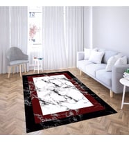 Mermer Desenli Bordo Çerçeveli Dijital Baskı Yıkanabilir Kaymaz Taban Modern Salon Halı ve Yolluk (Krem)