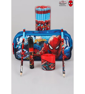 LİSANSLI SPIDERMAN KALEM ÇANTASI,2 ADET SİLGİLİ KURŞUN KALEM,ÇİFT BIÇAKLI KALEMTRAŞ VE ROKET SİLGİ  KIRTASİYE SETİ (Krem)