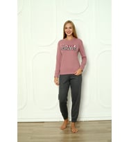 Fawn 04-3011 İnterlok Kumaş Love Baskılı Kışlık Ev Kadın Pijama Takımı (Koyu Lila)