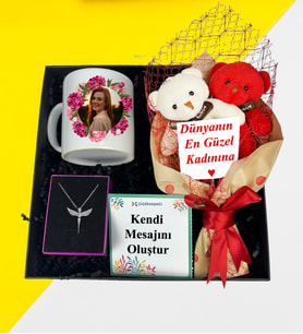 Ayıcık Buketi Fotoğraflı Kupa Bardak Melek Kolye Kişiye Özel Hediye Set
