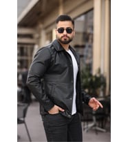 Erkek Slim Fit Deri Ceket (Siyah)