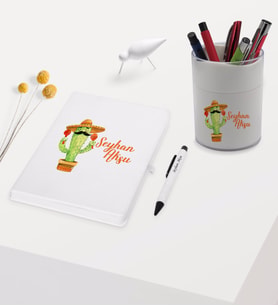 BK Gift Kişiye Özel Kaktüs Tasarımlı Beyaz Defter Kalem ve Kalemlik Hediye Seti - Model 7