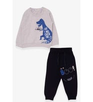Breeze Erkek Çocuk Eşofman Takımı Dinozor Baskılı 1.5-5 Yaş, Bej Melanj