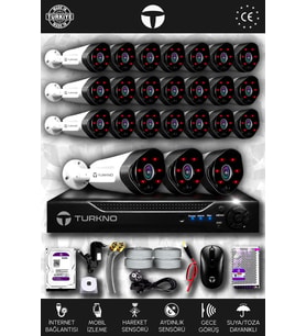 TURKNO 24 Kameralı Galia 24 Dış Kamera Set 100 GB HDD Full HD Gece Görüşlü Güvenlik Kamerası Sistemi