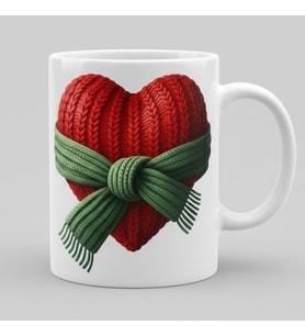 Cozy Örgü Kalp Kupa - Kış Romantik Kırmızı Kalp Yeşil Fiyonklu Hediye Mug