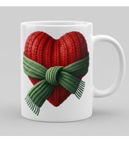 Cozy Örgü Kalp Kupa - Kış Romantik Kırmızı Kalp Yeşil Fiyonklu Hediye Mug (Beyaz)