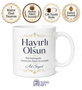 İsme Özel Hayırlı Olsun Yeni İş Hediye Kupası Bardak Kişiye Özel Baskılı Kupa