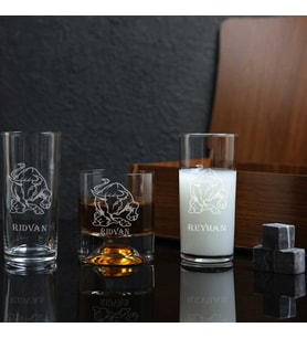 Boğa Figürlü Kişiye Özel Rakı ve Taşlı Viski Kadehi Seti