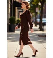 Kadın Bodycon Kesim Triko Elbise Uzun Kollu Kare Yaka Midi Boy Fitilli Düğme Detayıyla Kaliteli