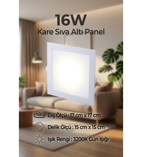 16W Kare Sıva Altı LED Panel Armatür 3200K Gün Işığı – 17x17 cm 15x15 cm Delik Ölçüsü