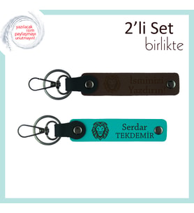 Aslan Temalı Hediye, Erkek Sevgiliye Kişisel Yazılabilir Deri Anahtarlık, Koyu Kahve-Koyu Turkuaz