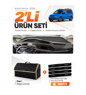 e-biz VOLKSWAGEN CADDY (2022-2026) Uyumlu Torpido Örtüsü + Deri Bagaj Çantası - Siyah-Bej - VW004