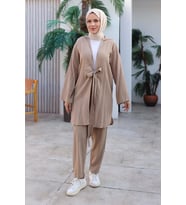 Bağlama Detaylı Kimono Takım Vizon 1225