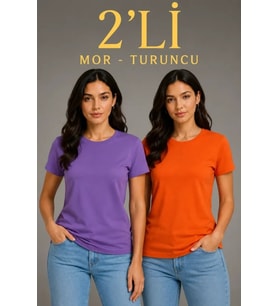 Basic Bisiklet Yaka Yazlık Slim Fit T-Shirt - Mor - Turuncu