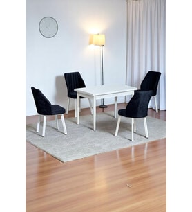 ARVEN Beyaz MDF 70x110 Sabit Mutfak Masası Takımı Beyaz Metal Ayak 4 Siyah Sandalye