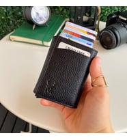 Modica Pescol - Hakiki Deri RFID Korumalı Otomatik Mekanizmalı Akıllı Kartlık/Cüzdan (Siyah)
