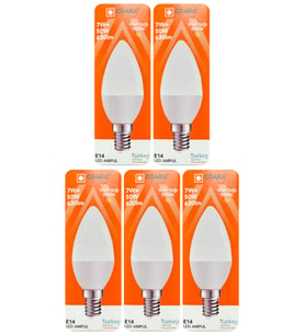 (5 Adet) Osaka 7W (50W) Sarı Işık (3000K) E14 Duylu (İnce Duy) Led Mum Ampul