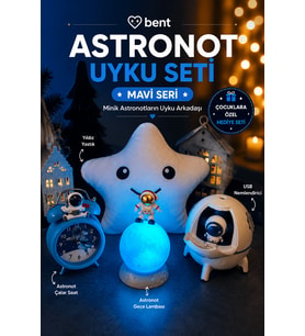 Astronot Figürlü Uyku Seti 4'lü Çocuk Hediye Seti 3 Renk Modlu Şarjlı Astronot Gece Lambası USB Şarjlı Nemlendirici Pilli Çalar Saat Yıldız Yastık