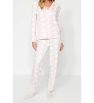 Tarz Rahat Uzun Kollu Boru Paça Premium %100 Pamuk Kalp Puf Desenli Gömlek-Pantolon Pijama Takımı (Pudra)