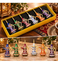 6'lı Renkli Taşlı Arap Kahve İbriği Biblo Seti Dekoratif Metal Cezve Magnet Hediyelik Set
